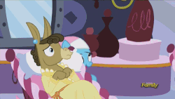 Size: 500x281 | Tagged: safe, screencap, lotus blossom, matilda, earth pony, pony, g4, slice of life (episode), animated, clothes, discovery family, discovery family logo, female, male, robe