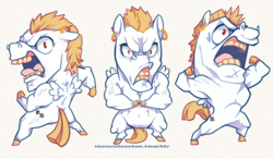 Size: 800x467 | Tagged: safe, artist:theuselesstoe, bulk biceps, pegasus, semi-anthro, g4, chibi, flexing, male, muscles, muscular male, pose, rage, simple background, solo, standing, vein
