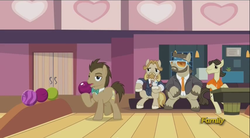 Size: 855x471 | Tagged: safe, screencap, colter sobchak, doctor whooves, jeff letrotski, time turner, earth pony, pony, g4, slice of life (episode), bowling, bowtie, clothes, discovery family logo, donny, male, stallion, the big lebowski, tuxedo