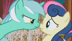 Size: 639x360 | Tagged: safe, screencap, bon bon, lyra heartstrings, sweetie drops, earth pony, pony, unicorn, g4, season 5, slice of life (episode), adorabon, animated, blinking, boop, cute, duo, duo female, eye contact, female, frown, gif, glare, loop, lyra is not amused, lyrabetes, mare, nose wrinkle, noseboop, smiling, unamused