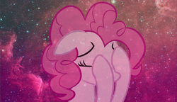 Size: 1336x768 | Tagged: safe, pinkie pie, g4, facehoof, female, solo, space, wallpaper