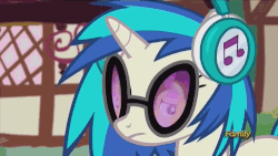 Size: 500x281 | Tagged: safe, screencap, dj pon-3, doctor whooves, time turner, vinyl scratch, earth pony, pony, unicorn, g4, season 5, slice of life (episode), animated, bowtie, discovery family, discovery family logo, female, female pov, gif, headbob, logo, male, mare, offscreen character, offscreen female, pov, stallion, sunglasses