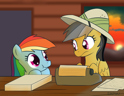 Size: 1000x775 | Tagged: safe, artist:empyu, daring do, rainbow dash, pegasus, pony, g4, duo, typewriter