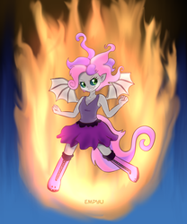 Size: 833x1000 | Tagged: safe, artist:empyu, sweetie belle, demon, equestria girls, g4, 30 minute art challenge, boots, clothes, corrupted, female, fire, solo