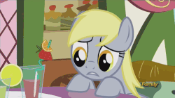 Size: 500x281 | Tagged: safe, screencap, derpy hooves, pegasus, pony, g4, slice of life (episode), animated, cute, derpabetes, discovery family, discovery family logo, female, juice, mare, solo, underp