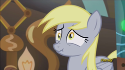 Size: 1920x1080 | Tagged: safe, screencap, derpy hooves, pegasus, pony, g4, slice of life (episode), discovery family logo, female, mare, scrunchy face, solo