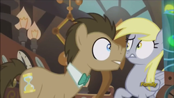 Size: 1920x1080 | Tagged: safe, screencap, derpy hooves, doctor whooves, time turner, pony, g4, slice of life (episode), boop, bowtie, discovery family logo, male, scrunchy face, stallion, surprised
