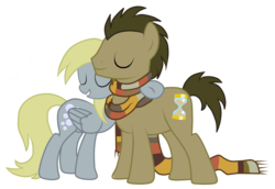 Size: 4000x2744 | Tagged: safe, artist:alejamoreno-brony, artist:cottonheart05, derpy hooves, doctor whooves, time turner, earth pony, pony, g4, slice of life (episode), backwards cutie mark, clothes, eyes closed, female, fourth doctor's scarf, hug, male, mare, scarf, simple background, stallion, striped scarf, transparent background, vector