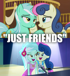 Size: 853x928 | Tagged: safe, artist:polex, edit, screencap, bon bon, lyra heartstrings, sweetie drops, earth pony, unicorn, equestria girls, g4, my little pony equestria girls: rainbow rocks, slice of life (episode), best friends, caption, discovery family logo, just friends, looking at each other, meta