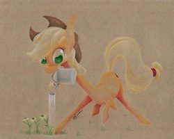 Size: 640x511 | Tagged: safe, artist:getchanoodlewet, applejack, g4, female, flower, mouth hold, solo, traditional art, water, watering can