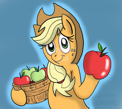 Size: 1280x1144 | Tagged: dead source, safe, artist:gretsch1962, applejack, earth pony, pony, g4, apple, applejack's hat, cowboy hat, deviantart watermark, female, hat, looking at you, mare, obtrusive watermark, simple background, solo, watermark