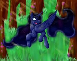 Size: 1900x1500 | Tagged: safe, artist:missadric2, princess luna, g4, crepuscular rays, female, forest, solo