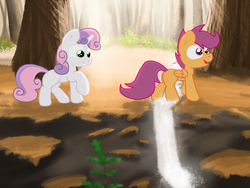 Size: 2048x1536 | Tagged: safe, artist:fuzzyfox11, scootaloo, sweetie belle, g4, forest, river, stream