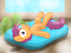 Size: 2048x1536 | Tagged: safe, artist:fuzzyfox11, scootaloo, g4, cute, cutealoo, female, on back, pillow, relaxing, solo