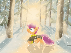 Size: 2048x1536 | Tagged: safe, artist:fuzzyfox11, scootaloo, g4, clothes, snow, snowfall, sunrise