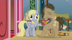 Size: 850x475 | Tagged: safe, screencap, derpy hooves, doctor whooves, time turner, earth pony, pony, g4, season 5, slice of life (episode), clothes, fourth doctor, fourth doctor's scarf, male, motion blur, scarf, smear frame, stallion, striped scarf