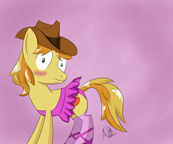 Size: 1500x1250 | Tagged: safe, artist:yuradhear, braeburn, g4, blushing, clothes, simple background, tutu