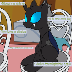 Size: 600x600 | Tagged: safe, artist:datte-before-dawn, kevin, changeling, g4, slice of life (episode), annoyed, chair, frown, greentext, i wish i was at home, meme, sitting, socially awkward, solo, text
