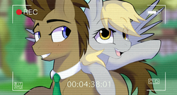 Size: 1641x884 | Tagged: safe, artist:8bitamy, derpy hooves, doctor whooves, time turner, earth pony, pony, g4, slice of life (episode), blushing, camcorder, male, necktie, stallion, waving