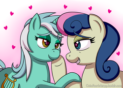 Size: 1400x1000 | Tagged: safe, artist:outofworkderpy, bon bon, lyra heartstrings, sweetie drops, earth pony, pony, unicorn, g4, slice of life (episode), adorabon, bedroom eyes, cute, eye contact, female, gradient background, heart, lesbian, looking at each other, love, lyrabetes, mare, scene interpretation, ship:lyrabon, shipping, stare