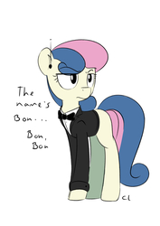 Size: 2894x4093 | Tagged: safe, artist:candylux, bon bon, sweetie drops, earth pony, pony, g4, slice of life (episode), blank flank, bon bond, bow, bowtie, clothes, female, mare, secret agent sweetie drops, simple background, solo, white background