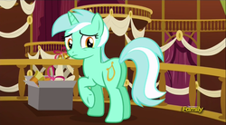 Size: 1025x565 | Tagged: safe, screencap, lyra heartstrings, pony, g4, slice of life (episode), butt, discovery family logo, female, looking back, mare, plot, raised hoof, solo, town hall