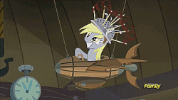 Size: 371x209 | Tagged: safe, screencap, derpy hooves, pegasus, pony, g4, slice of life (episode), animated, colander, cute, derpabetes, female, mare, muffin 1, plane, solo