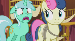 Size: 1023x567 | Tagged: safe, screencap, bon bon, lyra heartstrings, sweetie drops, g4, slice of life (episode), angry, bon bond, discovery family logo, lyra is not amused, open mouth, secret agent sweetie drops, town hall