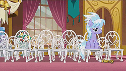 Size: 371x209 | Tagged: safe, screencap, ace point, cloudchaser, filthy rich, hugh jelly, lotus blossom, minuette, pipsqueak, sunshower raindrops, thunderlane, truffle shuffle, earth pony, pegasus, pony, unicorn, g4, slice of life (episode), animated, barrel, chair, colt, facial hair, falling, female, male, mare, moustache, stallion, wedding
