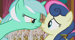 Size: 851x460 | Tagged: safe, screencap, bon bon, lyra heartstrings, sweetie drops, earth pony, pony, unicorn, g4, season 5, slice of life (episode), boop, female, lyra is not amused, mare, nose wrinkle, noseboop, scrunchy face