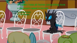 Size: 720x405 | Tagged: safe, screencap, daisy, flower wishes, kevin, sassaflash, changeling, g4, slice of life (episode), chair, discovery family logo, frown, greentext, i wish i was at home, image macro, meme, sitting, socially awkward, text
