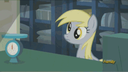 Size: 640x360 | Tagged: safe, screencap, derpy hooves, pegasus, pony, g4, season 5, slice of life (episode), animated, basket, caption, female, gif with captions, mare, muffin, solo