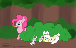Size: 1000x633 | Tagged: safe, artist:empyu, angel bunny, fluttershy, pinkie pie, earth pony, pegasus, pony, g4, bunny costume, bunnyshy, carrot, clothes, food, mouth hold