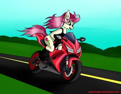 Size: 2194x1693 | Tagged: safe, artist:goldwing93, roseluck, anthro, unguligrade anthro, g4, female, motorcycle, solo