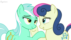Size: 1920x1080 | Tagged: safe, bon bon, lyra heartstrings, sweetie drops, earth pony, pony, unicorn, g4, slice of life (episode), duo, female, lesbian, lidded eyes, looking at each other, remake, ship:lyrabon, shipping, simple background, smiling, transparent background, vector