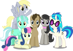 Size: 2814x1960 | Tagged: safe, artist:sketchmcreations, bon bon, derpy hooves, dj pon-3, doctor whooves, lyra heartstrings, octavia melody, sweetie drops, time turner, vinyl scratch, earth pony, pegasus, pony, unicorn, g4, twilight's kingdom, background six, bowtie, cutie mark, female, flying, hooves, horn, inkscape, let the rainbow remind you, lying down, male, mare, prone, simple background, smiling, spread wings, stallion, sunglasses, teeth, transparent background, vector, wings