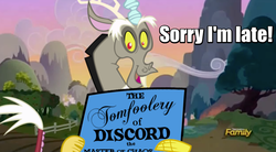 Size: 763x421 | Tagged: safe, edit, screencap, discord, g4, season 5, slice of life (episode), 100th episode, 22 short films about springfield, image macro, male, meme, parody, ponyville, professor frink, sign, simpsons did it, solo, sunset, the simpsons