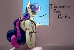 Size: 1748x1181 | Tagged: safe, artist:underpable, bon bon, sweetie drops, earth pony, pony, derpin daily, g4, slice of life (episode), bon bond, bon butt, butt, dialogue, female, grappling hook, looking at you, mare, plot, rope, secret agent sweetie drops, solo, sunglasses