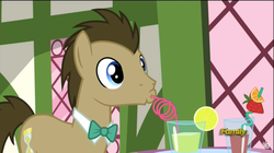 Size: 1366x767 | Tagged: safe, screencap, doctor whooves, time turner, earth pony, pony, g4, slice of life (episode), bowtie, discovery family, discovery family logo, drink, drinking, lemonade, male, stallion, straw