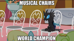 Size: 960x540 | Tagged: safe, edit, screencap, daisy, flower wishes, kevin, sassaflash, changeling, g4, slice of life (episode), chair, frown, image macro, meme, musical chairs, sitting, world champion