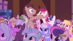 Size: 1680x940 | Tagged: safe, screencap, amethyst star, bon bon, bulk biceps, cheerilee, cherry berry, doctor whooves, filthy rich, flitter, hayseed turnip truck, lotus blossom, lyra heartstrings, ponet, princess cadance, roseluck, shining armor, sparkler, sweetie drops, thunderlane, time turner, earth pony, pony, g4, slice of life (episode), clothes, fourth doctor's scarf, male, scarf, smooch face, squishy cheeks, stallion, striped scarf