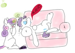 Size: 1018x720 | Tagged: safe, artist:gorillaz-24, rarity, sweetie belle, g4, couch, glowing horn, horn, scissors, sleeping, this will end in tears