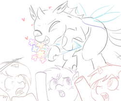 Size: 700x583 | Tagged: safe, artist:klondike, kevin, changeling, g4, slice of life (episode), blushing, bouquet, flower, flying, heart, lineart, open mouth, pointing, smiling, wide eyes