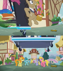 Size: 1278x1440 | Tagged: safe, screencap, carrot top, cherry berry, cloud kicker, dj pon-3, filthy rich, golden harvest, lemon hearts, spring melody, sprinkle medley, vinyl scratch, g4, slice of life (episode), animation error, discovery family logo, dollar sign, twilight scepter