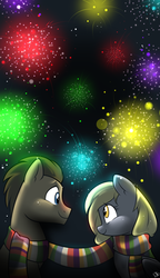 Size: 1280x2224 | Tagged: safe, artist:dragonfoxgirl, derpy hooves, doctor whooves, time turner, earth pony, pony, g4, slice of life (episode), clothes, flameless fireworks, fourth doctor's scarf, like a million bits, male, scarf, shared clothing, shared scarf, ship:doctorderpy, shipping, stallion, straight, striped scarf