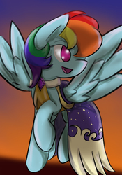 Size: 2100x3000 | Tagged: safe, artist:ytsejam58, rainbow dash, g4, clothes, dress, female, gala dress, high res, open mouth, raised hoof, smiling, solo, spread wings