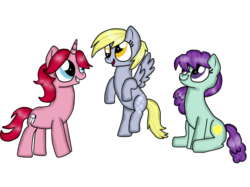 Size: 1024x765 | Tagged: safe, artist:dulcechica19, blueberry pie, derpy hooves, raspberry fluff, earth pony, pegasus, pony, unicorn, equestria girls, g4, my little pony equestria girls: rainbow rocks, background human, equestria girls ponified, female, human pony derpy, ponified, simple background, the muffins, transparent background, trio, trio female