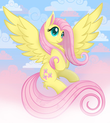 Size: 3996x4472 | Tagged: safe, artist:auveiss, fluttershy, g4, chest fluff, cloud, cloudy, cute, ear fluff, eye reflection, female, fluffy, flying, shyabetes, solo