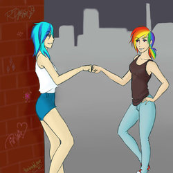 Size: 1024x1024 | Tagged: safe, artist:harukainlove, dj pon-3, rainbow dash, vinyl scratch, human, g4, converse, fist bump, humanized, shoes