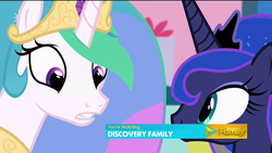 Size: 1920x1080 | Tagged: safe, screencap, princess celestia, princess luna, alicorn, pony, g4, slice of life (episode), discovery family, discovery family logo, teeth